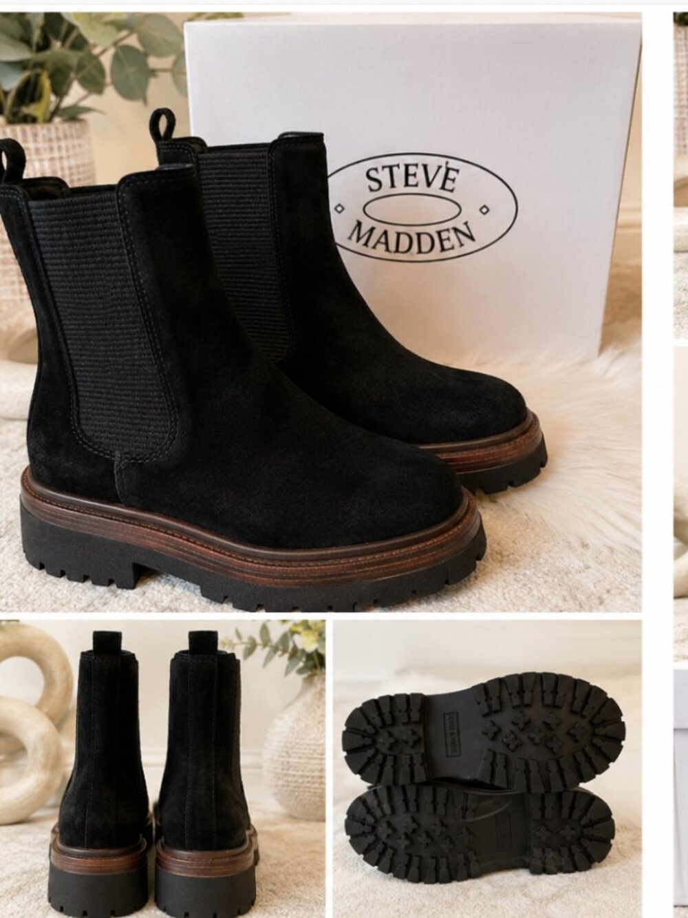 Steve Madden Blitzen Chunky Lug Sole Chelsea Booties Black Suede NIB